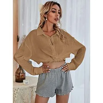 MakeMeChic Women's Oversized Button Down Shirts Collared Button Up Shirt Blouse Top Khaki M