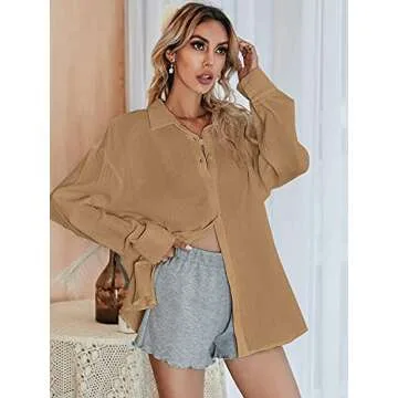 MakeMeChic Women's Oversized Button Down Shirts Collared Button Up Shirt Blouse Top Khaki M