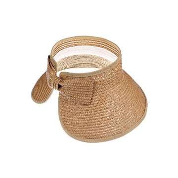 Kids Summer Roll Up Sun Visor Hat Wide Brim Straw Beach Hat Cap Sun Hats with Bow for Girls(Khaki)