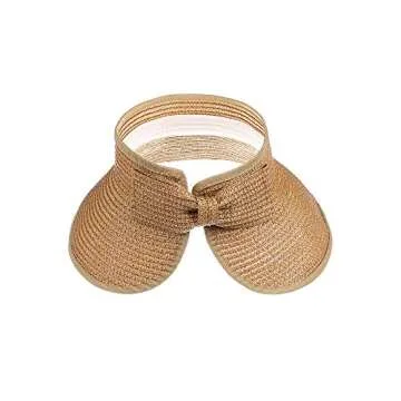 Kids Summer Roll Up Sun Visor Hat Wide Brim Straw Beach Hat Cap Sun Hats with Bow for Girls(Khaki)
