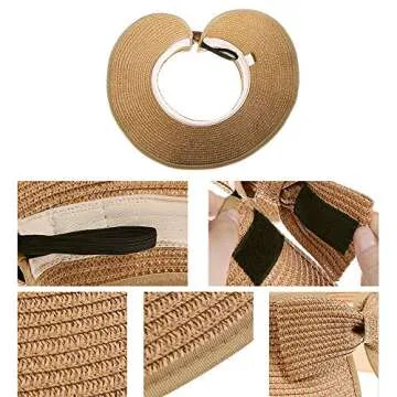 Kids Summer Roll Up Sun Visor Hat Wide Brim Straw Beach Hat Cap Sun Hats with Bow for Girls(Khaki)