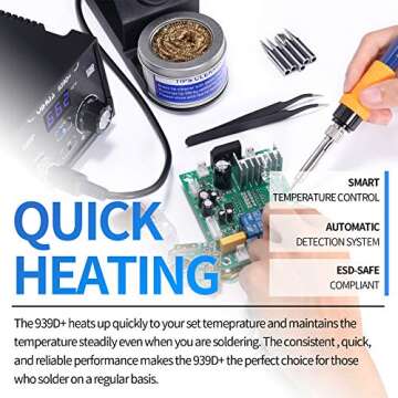 YIHUA 939D+ Digital Soldering Station, 75W Equivalent with Precision Heat Control (392°F to 896°F) and Built-in Transformer. ESD Safe, Lead Free with °C/°F display (Black)
