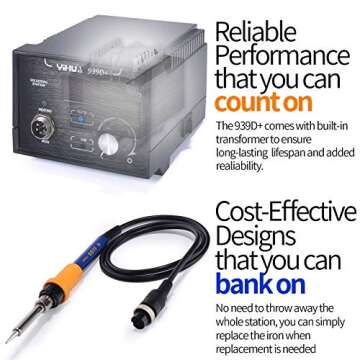 YIHUA 939D+ Digital Soldering Station, 75W Equivalent with Precision Heat Control (392°F to 896°F) and Built-in Transformer. ESD Safe, Lead Free with °C/°F display (Black)