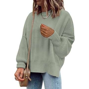Womens Sweaters Causal Crewneck Batwing Sleeve Knit Top Side Split Oversized Pullover Sweater Loose Jumper A-Green