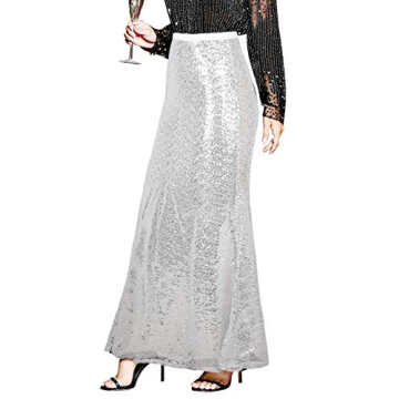 PrettyGuide Women's Maxi Sequin Skirt High Waist Party Prom Mermaid Long Skirts XL White Silver