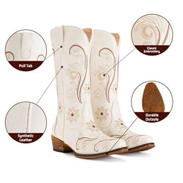 IUV Cowboy Boots For Women Mid Calf Cowgirl Boots Embroidered Pull-On Tabs Snip Toe Boot