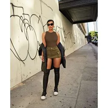 OQQ Women's 3 Piece Yoga Ribbed One Sleeveless Round Neck Top BodySuit, Black Coffee Beige, Medium