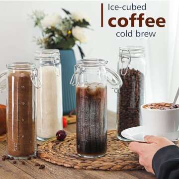 Folinstall 6 Pack 20 oz Tall Glass Jars with Airtight Lids for Vanilla Extract, Leak proof Glass Drinking Bottles(600ml) with Silicone Seal for Water, Juice, Milk, Ice tea