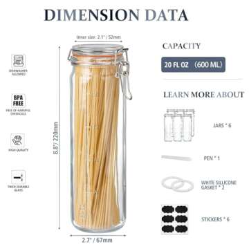 Folinstall 6 Pack 20 oz Tall Glass Jars with Airtight Lids for Vanilla Extract, Leak proof Glass Drinking Bottles(600ml) with Silicone Seal for Water, Juice, Milk, Ice tea
