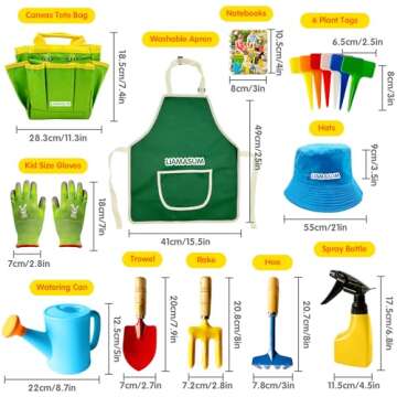 liamasum Kids Gardening Tools Set Includes Toddlers Gardening Gloves, Sturdy Tote Bag, Watering Can, Shovel, Rake, Trowel, Children Apron, Garden Notebook - Easter Gifts for Toddlers