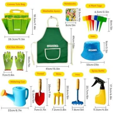 liamasum Kids Gardening Tools Set Includes Toddlers Gardening Gloves, Sturdy Tote Bag, Watering Can, Shovel, Rake, Trowel, Children Apron, Garden Notebook - Easter Gifts for Toddlers