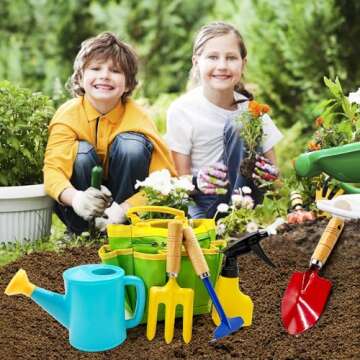 liamasum Kids Gardening Tools Set Includes Toddlers Gardening Gloves, Sturdy Tote Bag, Watering Can, Shovel, Rake, Trowel, Children Apron, Garden Notebook - Easter Gifts for Toddlers
