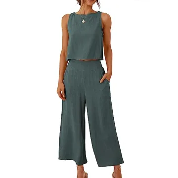 ANRABESS Women's Summer 2 Piece Outfits Sleeveless Crop Top Capri Wide Leg Pants Jumpsuit Casual Lin...