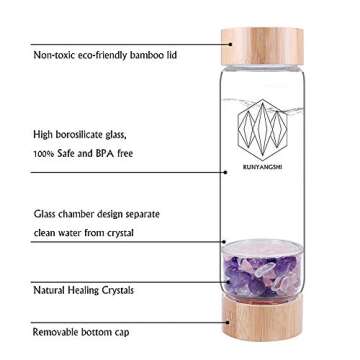 Runyangshi Crystal Elixir Glass Water Bottle | 16.9oz Natural Gemstone Water Bottle | Includes Protective Sleeve and Removable Crystal (Amethyst+Rose Quartz+Clear Quartz, Bamboo)