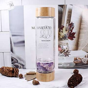 Runyangshi Crystal Elixir Glass Water Bottle | 16.9oz Natural Gemstone Water Bottle | Includes Protective Sleeve and Removable Crystal (Amethyst+Rose Quartz+Clear Quartz, Bamboo)