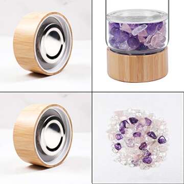 Runyangshi Crystal Elixir Glass Water Bottle | 16.9oz Natural Gemstone Water Bottle | Includes Protective Sleeve and Removable Crystal (Amethyst+Rose Quartz+Clear Quartz, Bamboo)