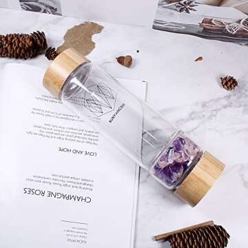 Runyangshi Crystal Elixir Glass Water Bottle | 16.9oz Natural Gemstone Water Bottle | Includes Protective Sleeve and Removable Crystal (Amethyst+Rose Quartz+Clear Quartz, Bamboo)