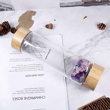 Runyangshi Crystal Elixir Glass Water Bottle | 16.9oz Natural Gemstone Water Bottle | Includes Protective Sleeve and Removable Crystal (Amethyst+Rose Quartz+Clear Quartz, Bamboo)