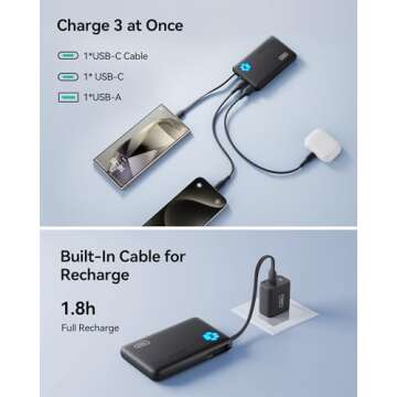 INIU Portable Charger, Slim 45W 10000mAh Power Bank with Build in USB-C Cable for Travel, Fast Charging USB C in&Out Battery Pack, External Phone Charger for iPhone 16 15 Samsung S22 S21 Google etc