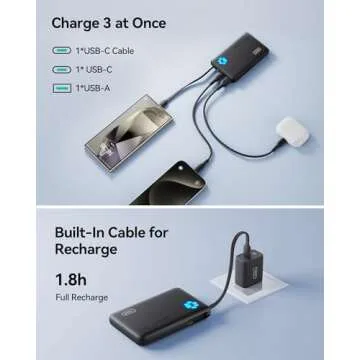 INIU Portable Charger, Slim 45W 10000mAh Power Bank with Build in USB-C Cable for Travel, Fast Charging USB C in&Out Battery Pack, External Phone Charger for iPhone 16 15 Samsung S22 S21 Google etc