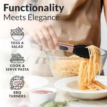 Zulay Stainless Steel Kitchen Tongs with Silicone Tips - Set of 2 (9” & 12”) Locking Cooking Tongs with Non-Slip Grip - Heat Resistant, BBQ Food Tongs for Non-Stick Cooking Pans (Rose Gold/Black)