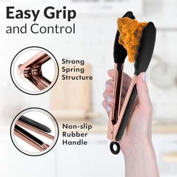 Zulay Stainless Steel Kitchen Tongs with Silicone Tips - Set of 2 (9” & 12”) Locking Cooking Tongs with Non-Slip Grip - Heat Resistant, BBQ Food Tongs for Non-Stick Cooking Pans (Rose Gold/Black)