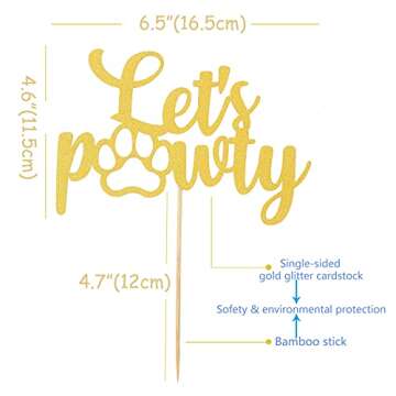 Gold Let's Pawty Cake Topper - Pet Dog Birthday Cake Decoration, Puppy Boys Girls Birthday Party Cake Decoration Supplies, Gold Glitter Dog Theme Birthday Lets Pawty Cake Topper