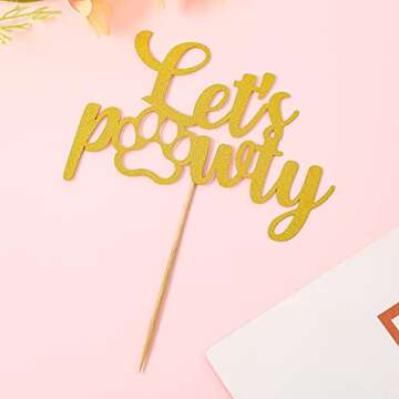 Gold Let's Pawty Cake Topper - Pet Dog Birthday Cake Decoration, Puppy Boys Girls Birthday Party Cake Decoration Supplies, Gold Glitter Dog Theme Birthday Lets Pawty Cake Topper