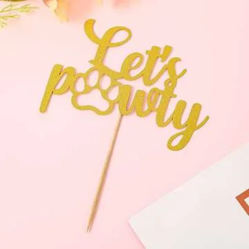 Gold Let's Pawty Cake Topper - Pet Dog Birthday Cake Decoration, Puppy Boys Girls Birthday Party Cake Decoration Supplies, Gold Glitter Dog Theme Birthday Lets Pawty Cake Topper