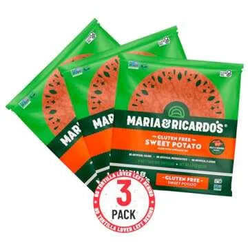 Maria & Ricardo's Sweet Potato Grain Free Tortillas. (3 Packages) 1/2 serving of vegetables in each tortilla. Non GMO PV. Vegan. Gluten Free. 6 Tortillas per Pack (18 Tortillas)