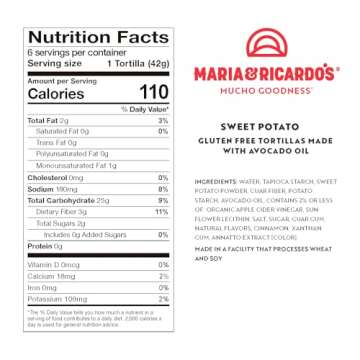 Maria & Ricardo's Sweet Potato Grain Free Tortillas. (3 Packages) 1/2 serving of vegetables in each tortilla. Non GMO PV. Vegan. Gluten Free. 6 Tortillas per Pack (18 Tortillas)
