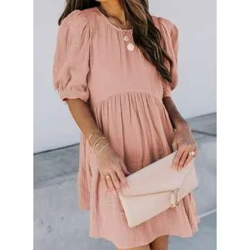 Dokotoo Womens Sundress Juniors Cute Dress Summer Baby Doll Tunic Dress Crewneck Lantern Short Sleeve Loose Casual Work Pocketed Mini Short Skirt Shift Dress Pink Medium