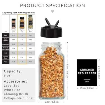 Laramaid 6oz 30Pack Glass Jars with Minimalist Black Spice Labels, Black Plastic Shaker Lid Dispenser, White Chalk Marker, Cleaning Brush and Collapsible Silicone Funnel
