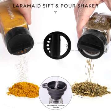 Laramaid 6oz 30Pack Glass Jars with Minimalist Black Spice Labels, Black Plastic Shaker Lid Dispenser, White Chalk Marker, Cleaning Brush and Collapsible Silicone Funnel
