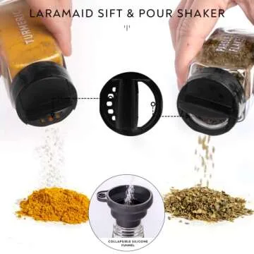 Laramaid 6oz 30Pack Glass Jars with Minimalist Black Spice Labels, Black Plastic Shaker Lid Dispenser, White Chalk Marker, Cleaning Brush and Collapsible Silicone Funnel