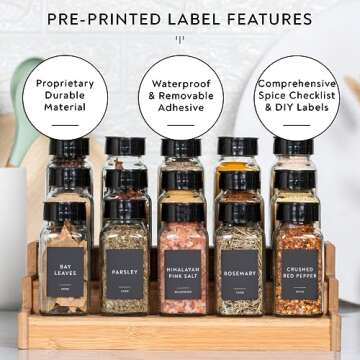 Laramaid 6oz 30Pack Glass Jars with Minimalist Black Spice Labels, Black Plastic Shaker Lid Dispenser, White Chalk Marker, Cleaning Brush and Collapsible Silicone Funnel