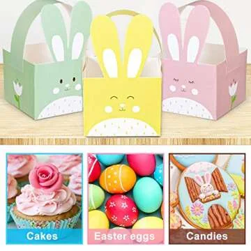 Whaline 24pcs Easter Treat Boxes Happy Easter Gift Box with Handle Cute Bunny Rabbit Easter Basket Containers Rabbit Shape Candy Goody Cookie Box Holder for School Classroom Party Favor Supplies