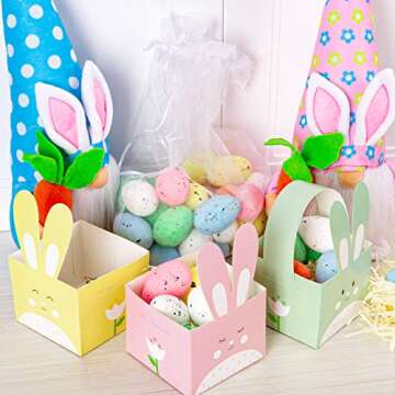 Whaline 24pcs Easter Treat Boxes Happy Easter Gift Box with Handle Cute Bunny Rabbit Easter Basket Containers Rabbit Shape Candy Goody Cookie Box Holder for School Classroom Party Favor Supplies