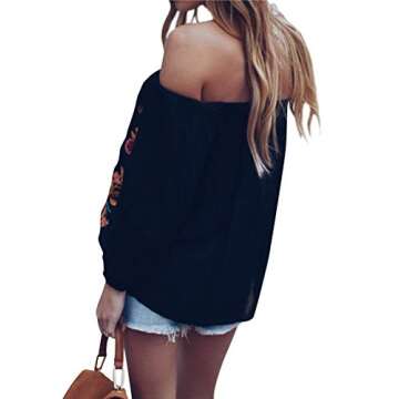 ZXZY Women Embroidered Off Shoulder Long Sleeve Bohemian Floral Blouse Top Tshirt Black
