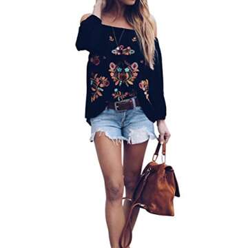 ZXZY Women Embroidered Off Shoulder Long Sleeve Bohemian Floral Blouse Top Tshirt Black