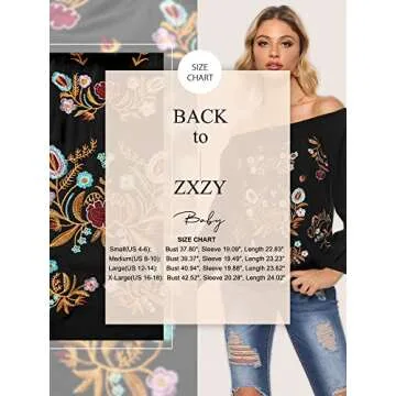 ZXZY Women Embroidered Off Shoulder Long Sleeve Bohemian Floral Blouse Top Tshirt Black