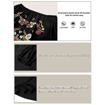 ZXZY Women Embroidered Off Shoulder Long Sleeve Bohemian Floral Blouse Top Tshirt Black
