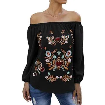 ZXZY Women Embroidered Off Shoulder Long Sleeve Bohemian Floral Blouse Top Tshirt Black