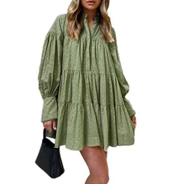 Aox Women Ruffle Sleeve Tunic Midi Dress Flowy Shift Sundress Sweet Babydoll Button Down Swing Skirt (Small, Light Green 202216)