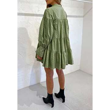 Aox Women Ruffle Sleeve Tunic Midi Dress Flowy Shift Sundress Sweet Babydoll Button Down Swing Skirt (Small, Light Green 202216)