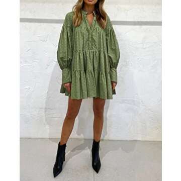 Aox Women Ruffle Sleeve Tunic Midi Dress Flowy Shift Sundress Sweet Babydoll Button Down Swing Skirt (Small, Light Green 202216)