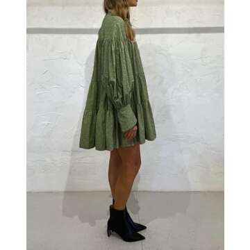 Aox Women Ruffle Sleeve Tunic Midi Dress Flowy Shift Sundress Sweet Babydoll Button Down Swing Skirt (Small, Light Green 202216)