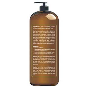 Fractionated Coconut Oil 16 fl. oz - 100% Natural & Pure MCT Coconut Oil for Hair, Skin,and Aromatherapy Carrier Oil, Massage Oil,Best Skin Moisturizer