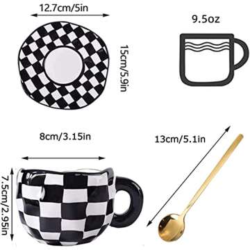 StarLuckINT Irregular Plaid Ceramic Coffee Mug Set, 8oz Hand Painted Checkerboard Coffee Cup with Saucer and Spoon, for Latte Tea Milk Cappuccino Home Office Festive Gifts (Color : Black)