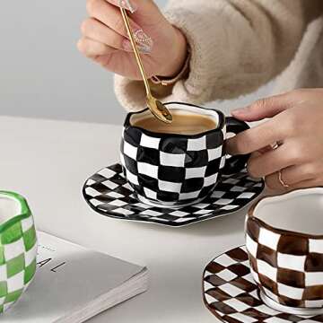 StarLuckINT Irregular Plaid Ceramic Coffee Mug Set, 8oz Hand Painted Checkerboard Coffee Cup with Saucer and Spoon, for Latte Tea Milk Cappuccino Home Office Festive Gifts (Color : Black)